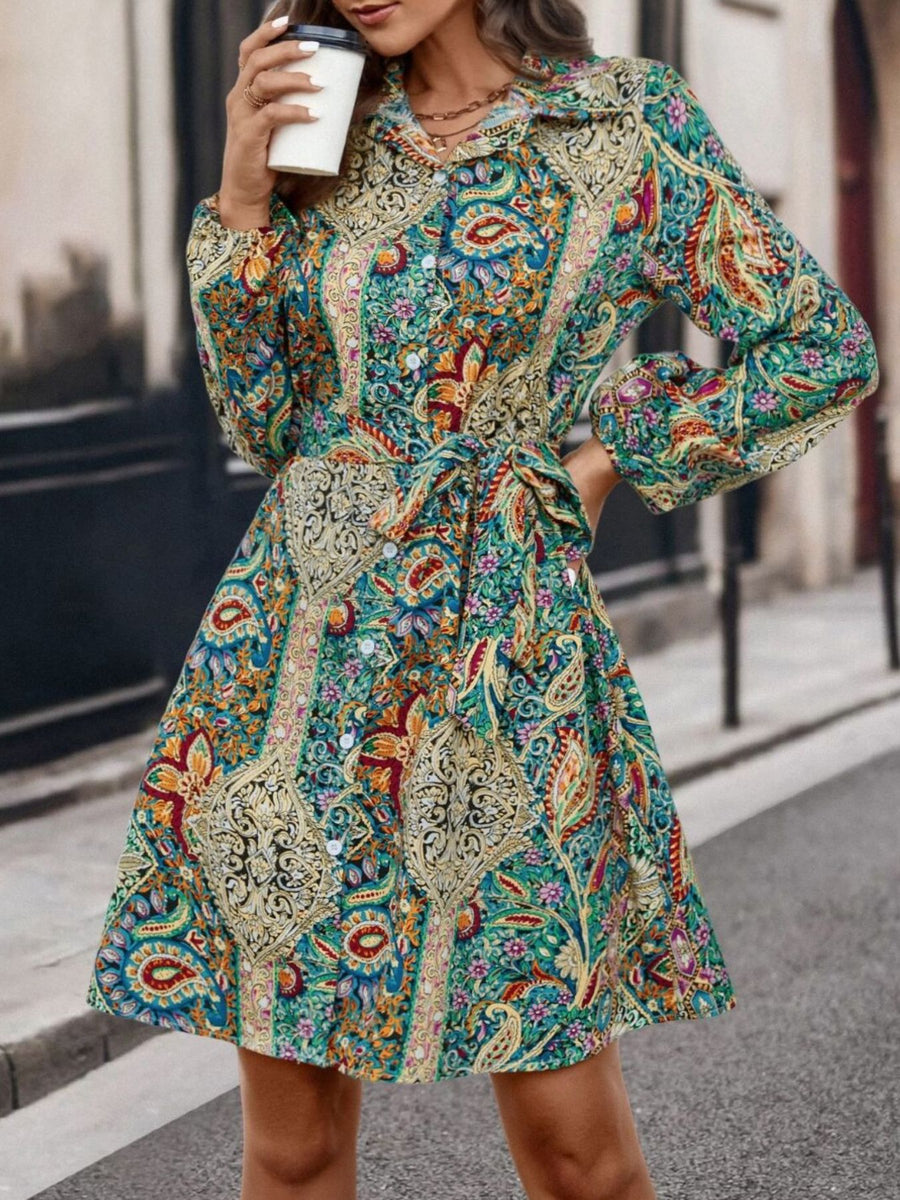 gold shirt dress featuring buttoned and paisley