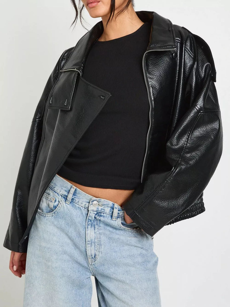 Black with Faux Leather Moto Jacket With Asymmetrical Zip in Black