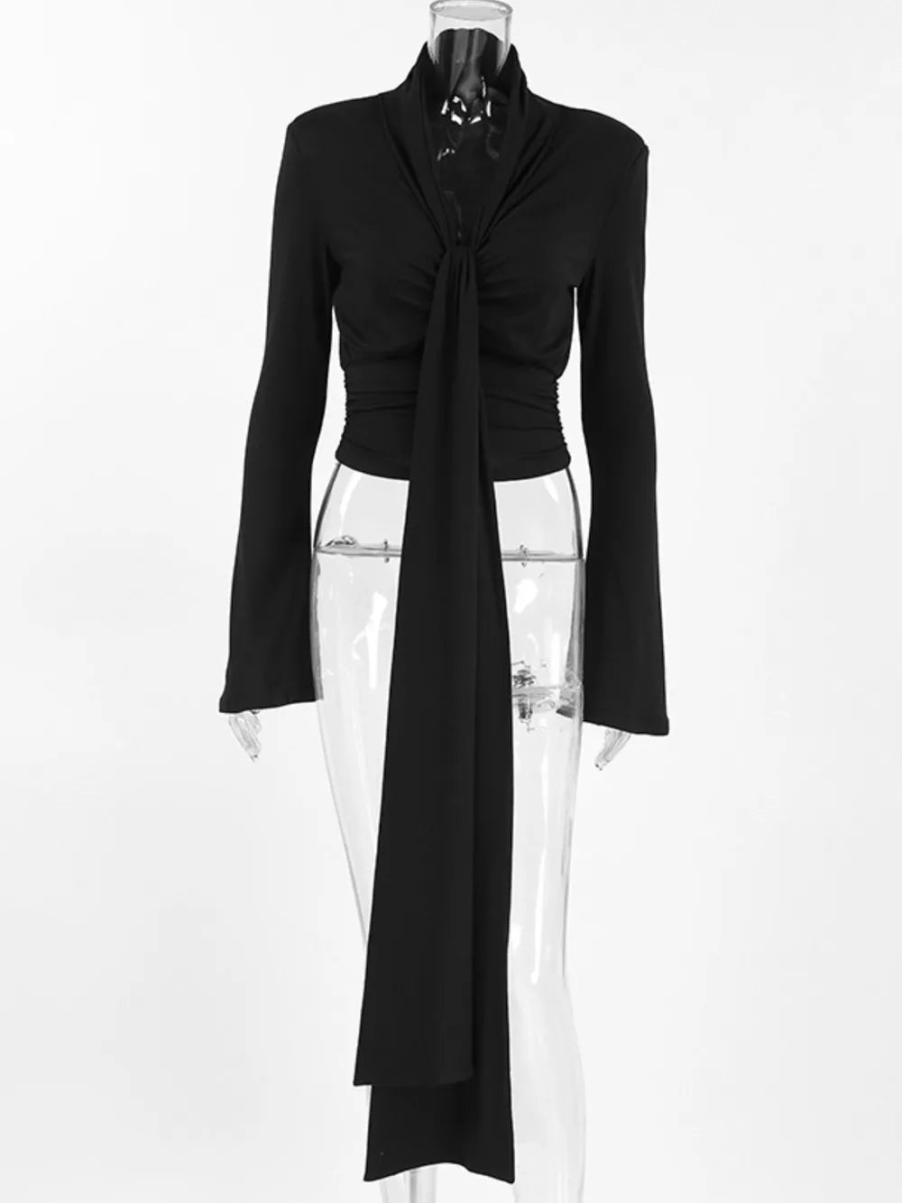Front Tie Detail Flare Sleeve Blouse in Black with tied