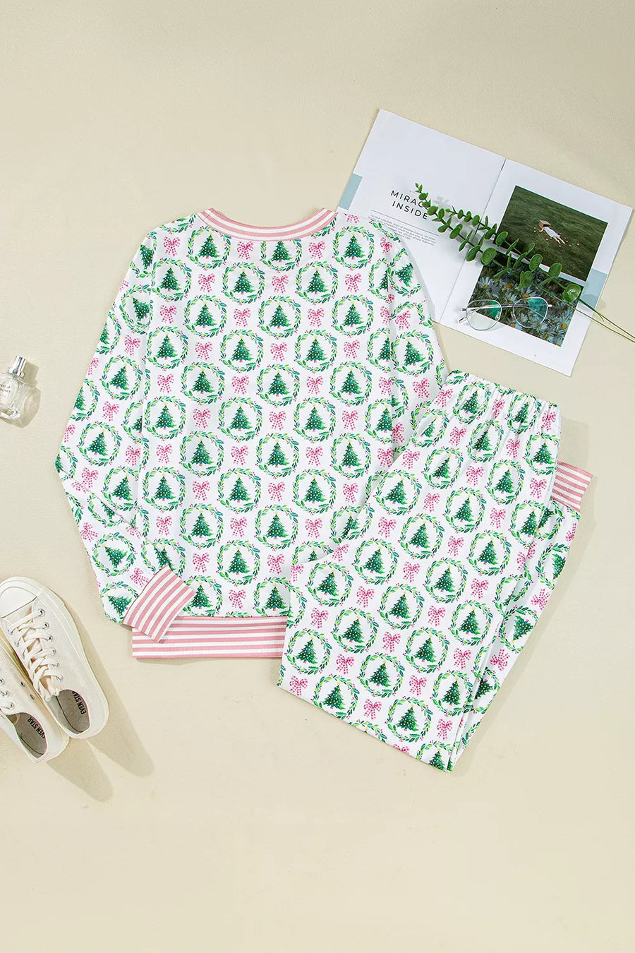 pajama set featuring christmas tree print in Sage with 95% polyester, 5% elastane Care instructions: Machine wash cold