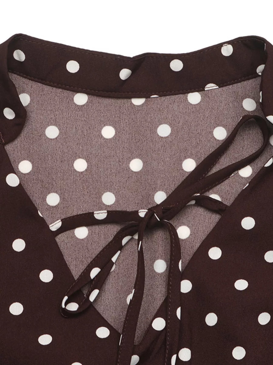 Polka Dot Flare Sleeve Tie Neck Dress option 9