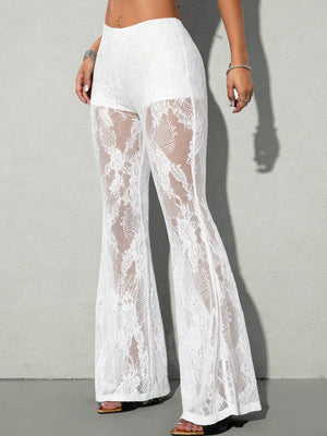 flare pants in Black with floral and lace