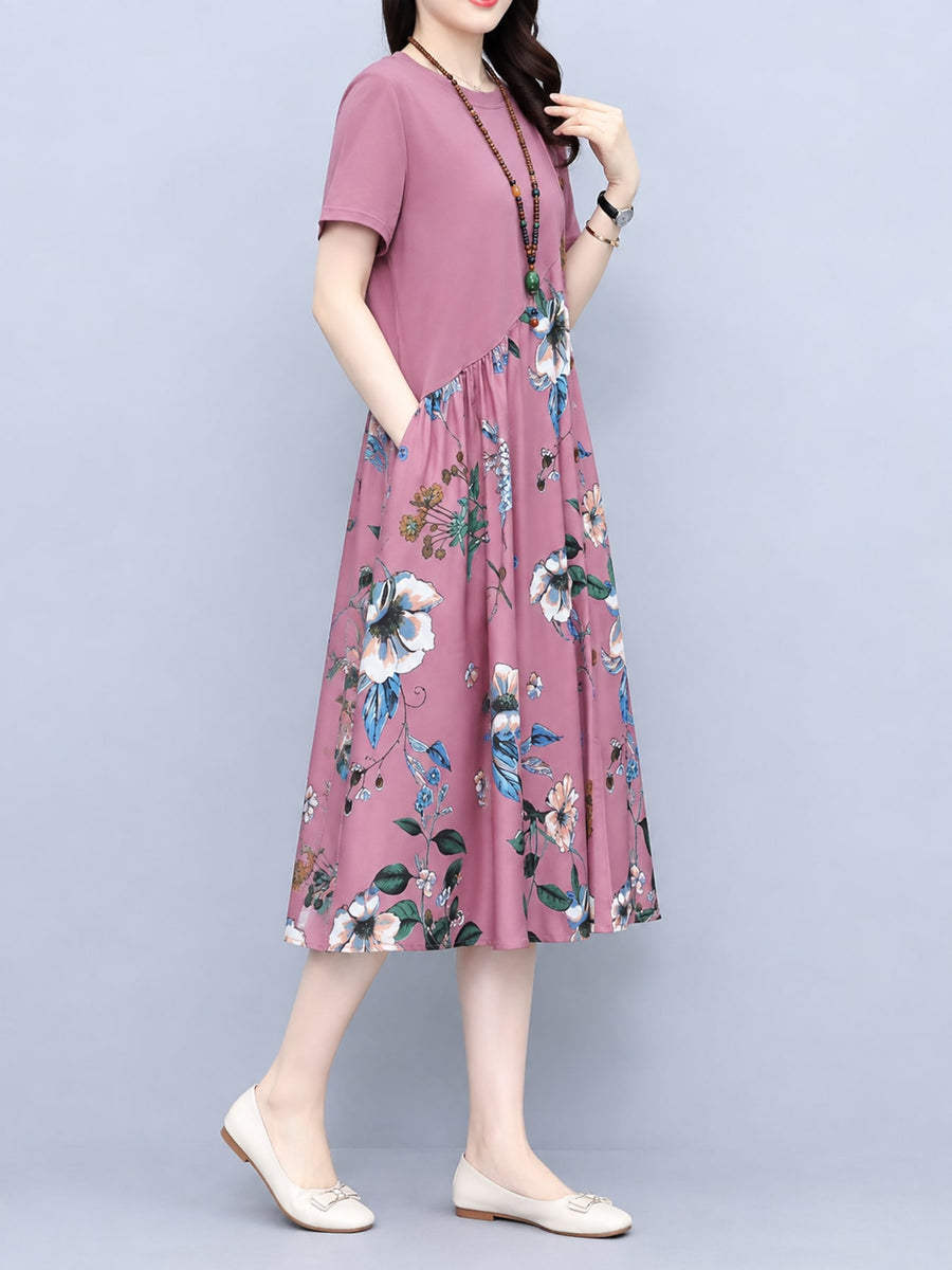 beige A-line A-line dress with round neck
