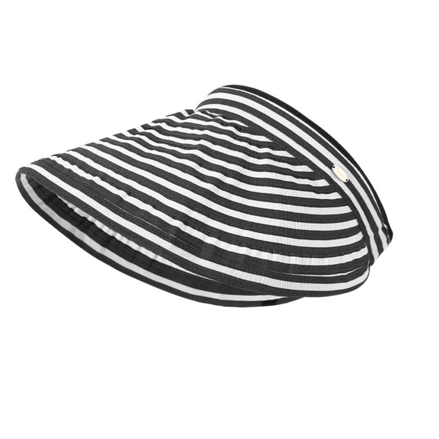 Wide brim visor hat with black and white stripes and a curved brim.
