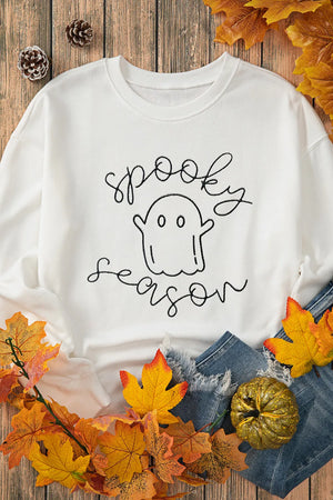 White sweatshirt with a black ghost graphic and "spooky season" script