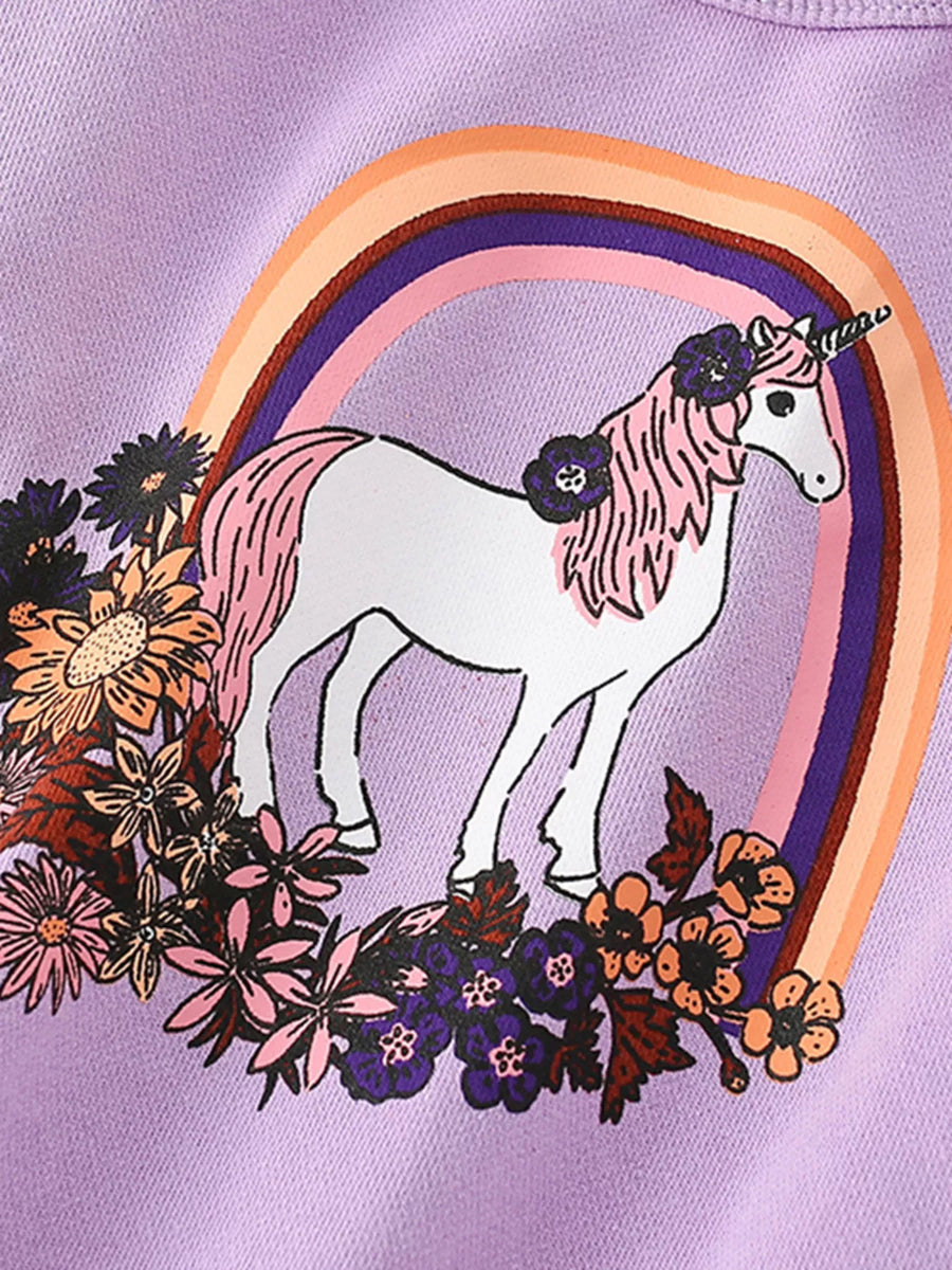 Lavender cotton sweatshirt with a unicorn, rainbow, and floral graphic.