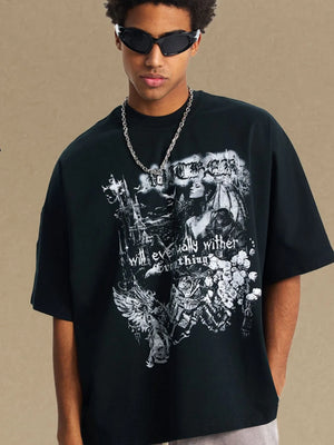 Black oversized graphic tee with gothic print and text.