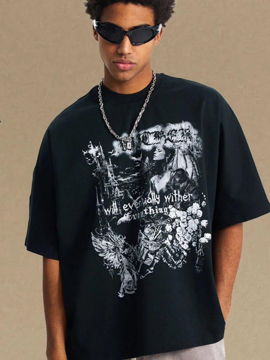 Black oversized graphic tee with gothic print and text.