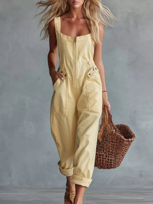 Pink jumpsuit with zip front and sleeveless