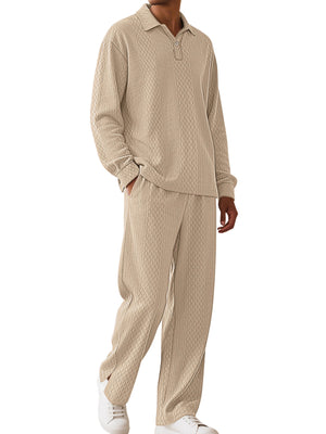 Men's Textured Long Sleeve Top And Pants Set in Khaki