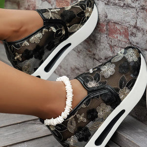 Black floral embroidered mesh platform slip-on sneakers with white sole