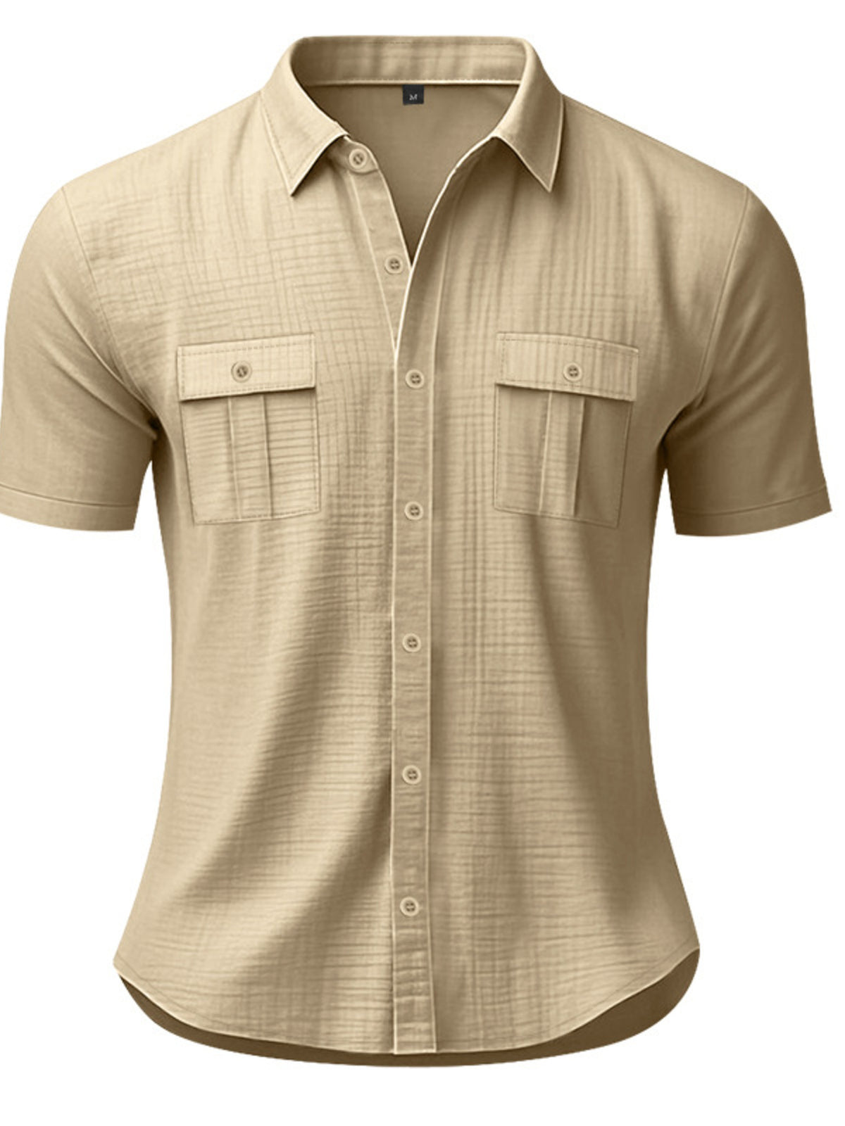 Light Khaki short sleeve button-down shirt with two chest pockets and a subtle textured pattern.