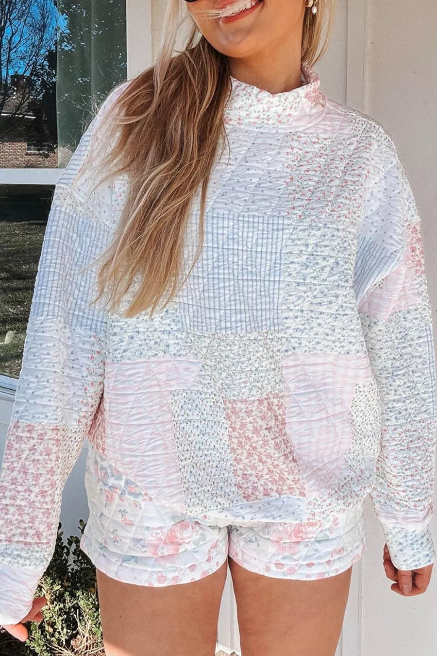 Multicolor with Quilted Long Sleeve Top And Shorts Set in Multicolor