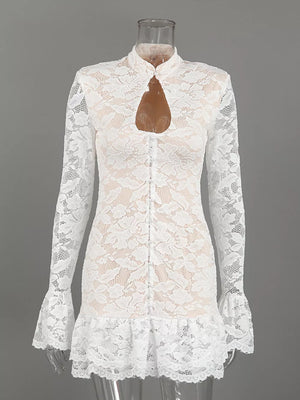 Lace Long-sleeve Ruched Mini Dress in ivory with lace