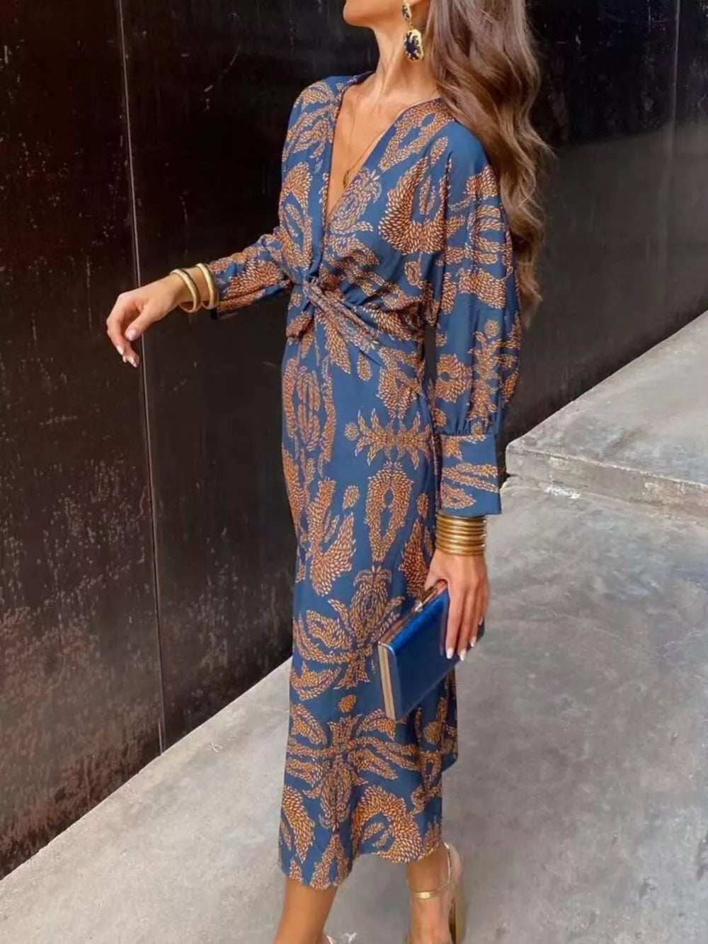 Printed V-neck Long Sleeve Twisted Midi Dress Plus Size in Purple