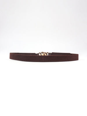 Chocolate faux leather belt with gold chain detail and elastic back.