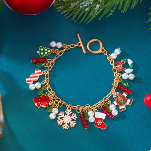 red bracelet featuring christmas charms and novelty