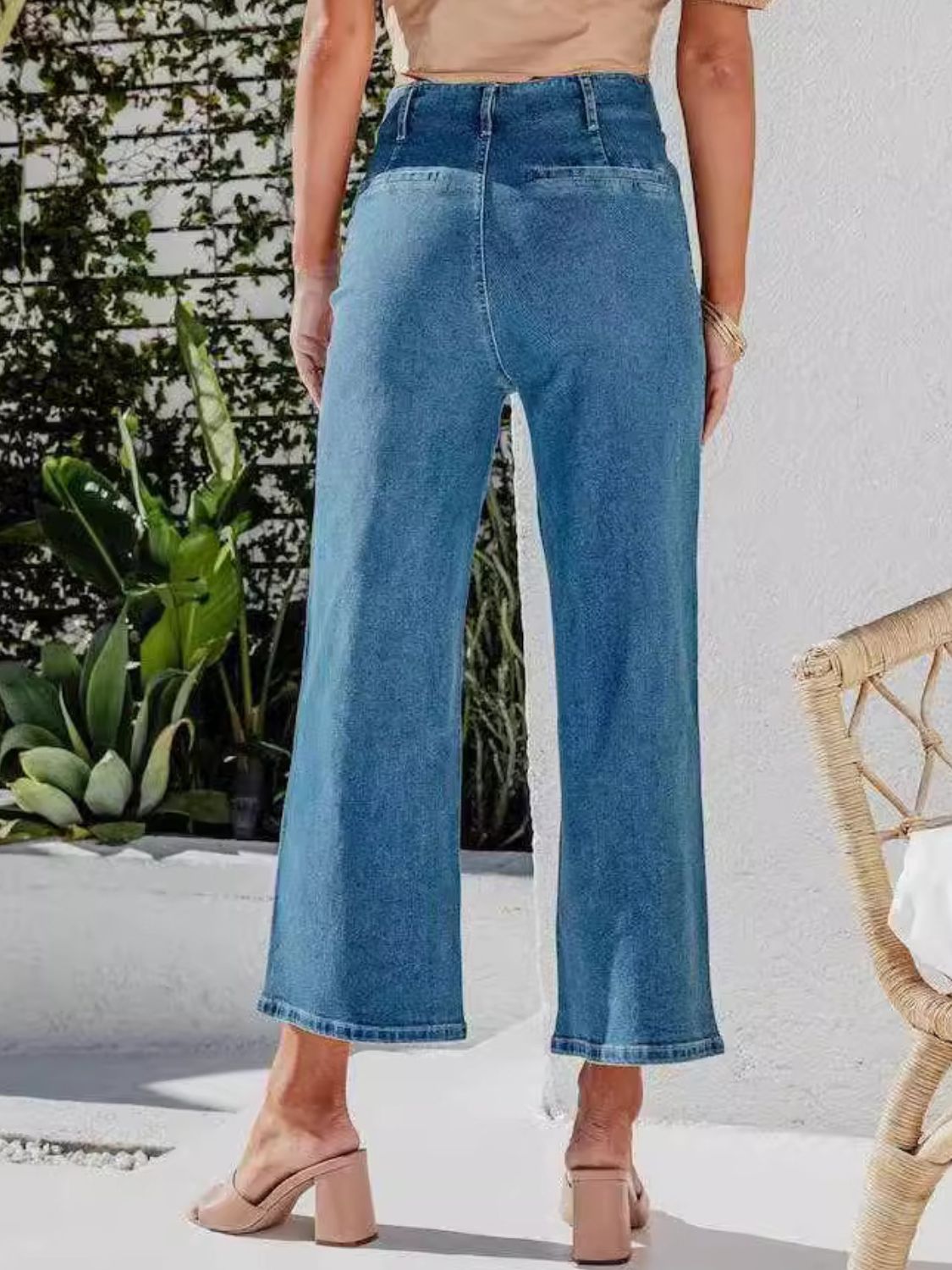 Light Blue Button-Front Wide-Leg Cropped Jeans