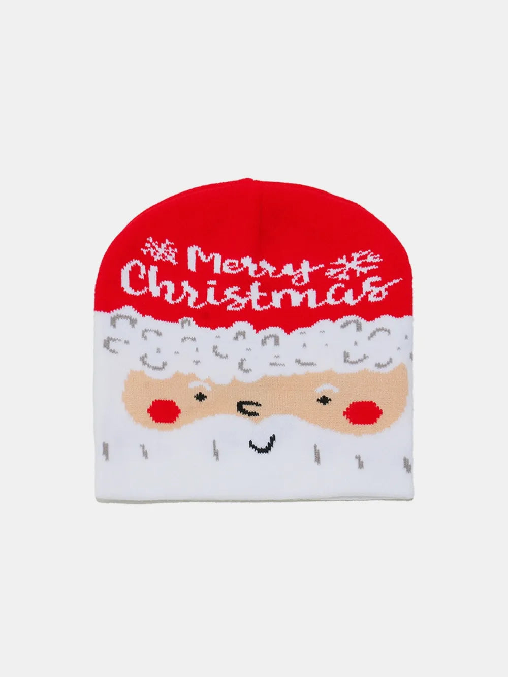 Red and white Santa face knit beanie with Merry Christmas text and snowflakes.