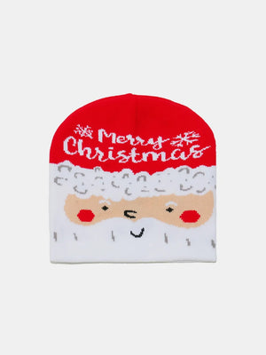 Red and white Santa face knit beanie with Merry Christmas text and snowflakes.