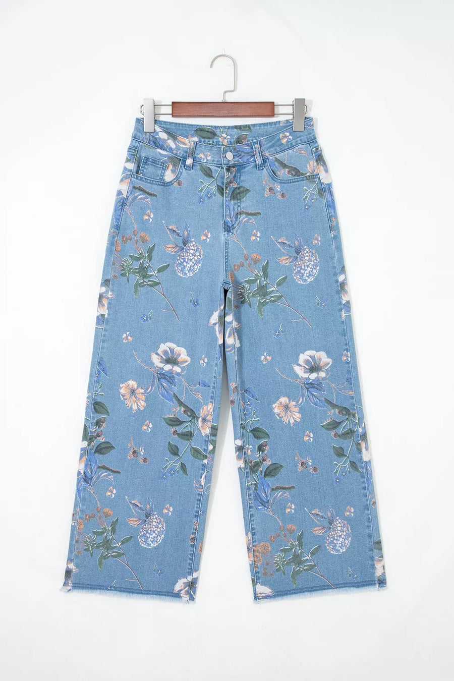 wide-leg jeans in sage green with floral and pocketed