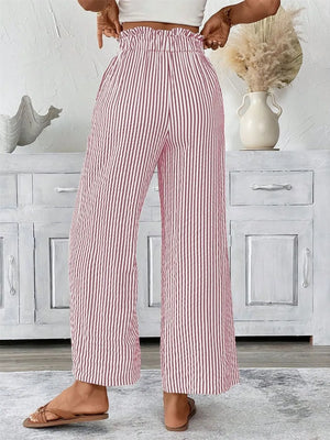 Maternity paper bag waist pants in Dusty Pink stripe, wide leg, casual style