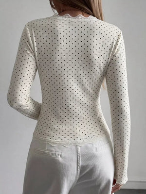 Lace Trim V-neck Ribbed Long Sleeve Blouse in White