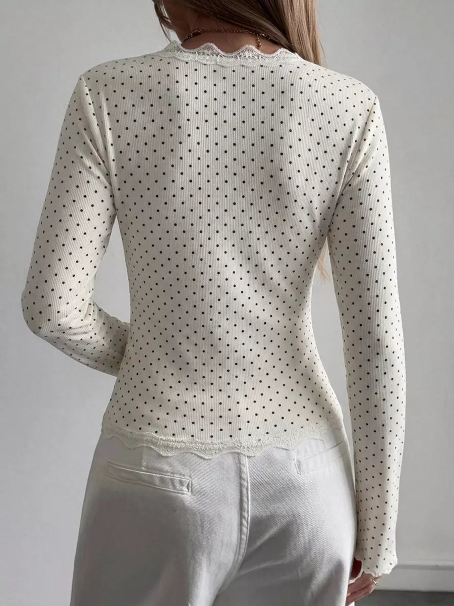 Lace Trim V-neck Ribbed Long Sleeve Blouse in White