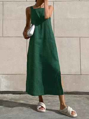 midi dress in forest green featuring side slit and straight fit