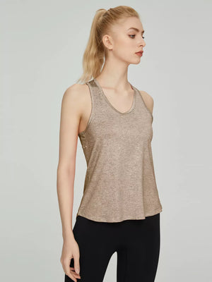 Tank top in tan heathered fabric with scoop neck and racerback.