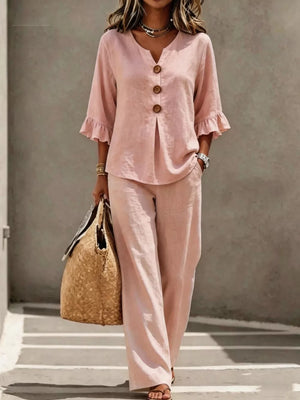 Pink Decor Button Ruffled Top & Wide-leg Pants Set Plus Size