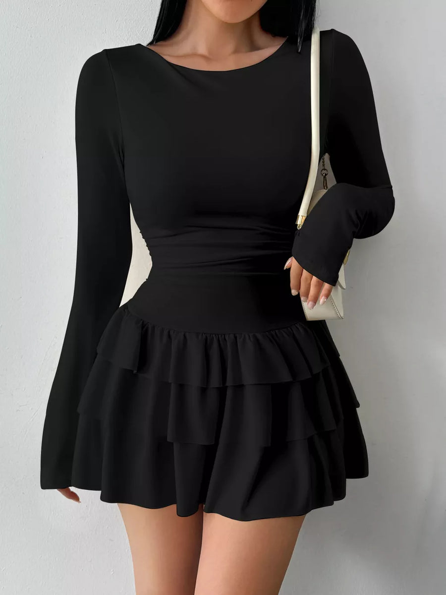 Ruched Long Sleeve Layered Ruffle Mini Dress in Red, view 12
