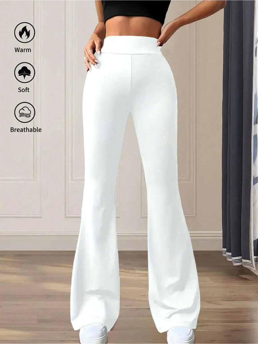 White high waist flare pants in soft, breathable cotton fabric.