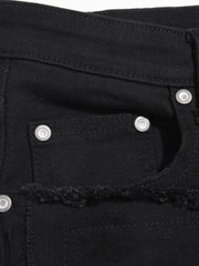 Black denim jeans with frayed hem detail and silver hardware.