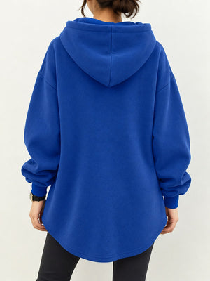 Full Size Drawstring Dropped Shoulder Hoodie in Black with drawstring