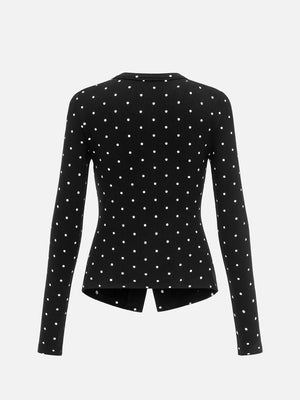 Black cardigan featuring buttoned and polka dot