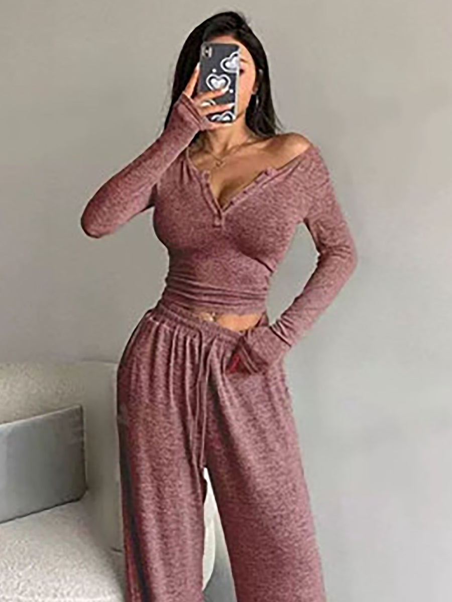 Button Detail Long Sleeve Top And Wide-Leg Pants Set in black with buttoned