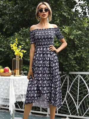 Floral off-shoulder midi dress in dark navy with a ruffled hem and slit.