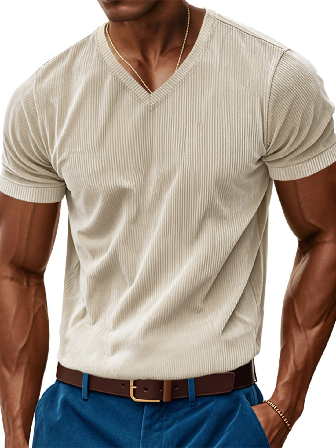 Apricot ribbed V-neck t-shirt with short sleeves.