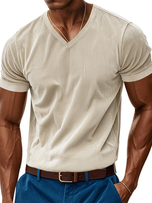 Apricot ribbed V-neck t-shirt with short sleeves.