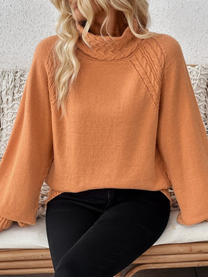 Tangerine turtleneck sweater with pullover and cable knit