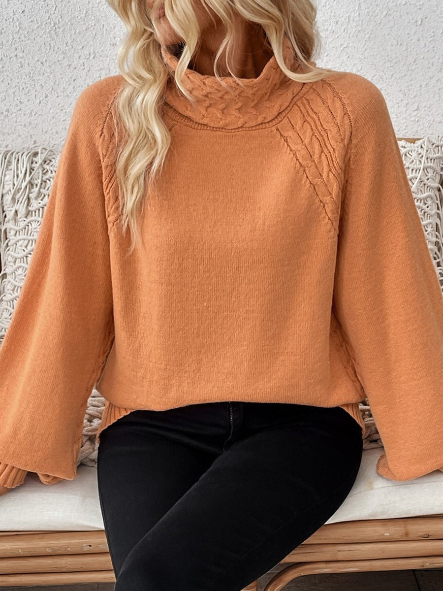 Tangerine turtleneck sweater with pullover and cable knit