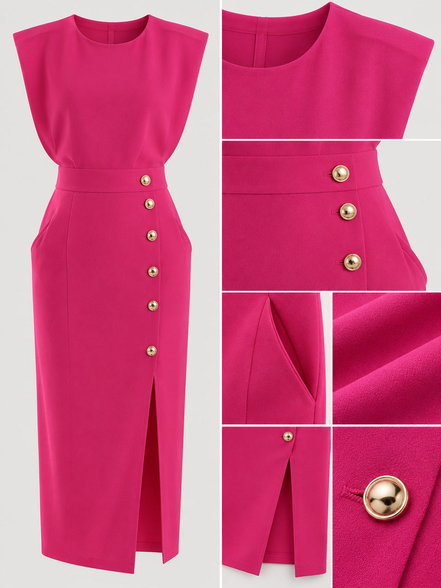 Pink midi dress with decorative button and sleeveless