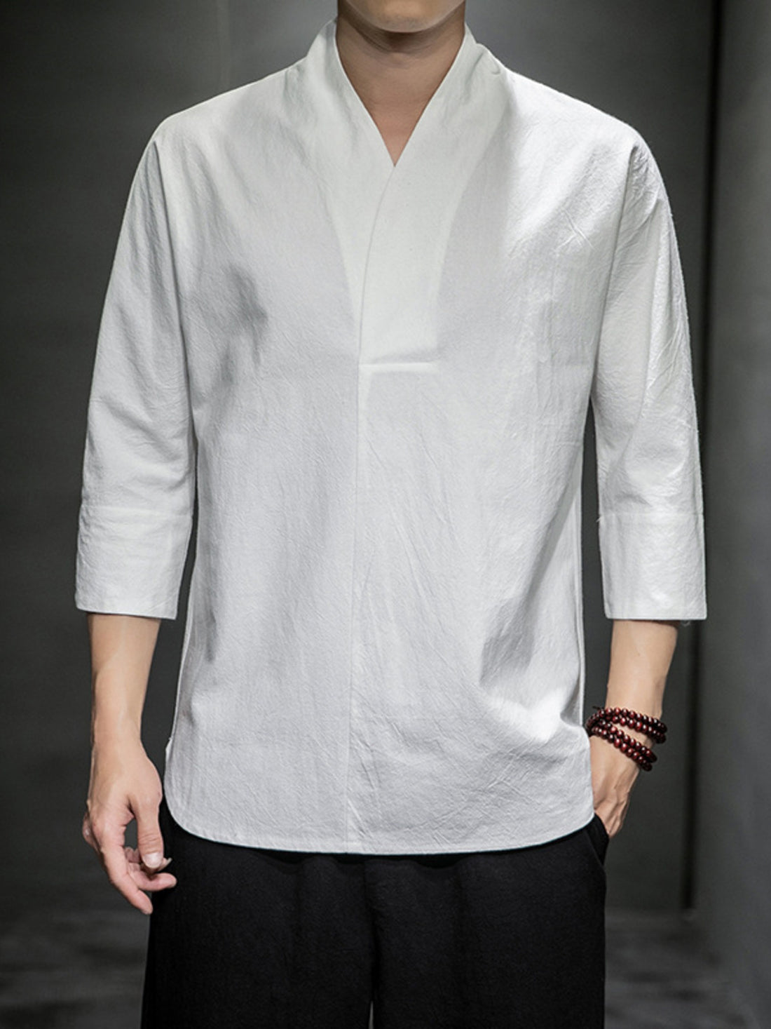 White relaxed fit v-neck 3/4 sleeve men's undershirt with textured cotton blend fabric