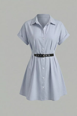 Light Blue with Button Up Short Sleeve Shirt Dress in Light Blue