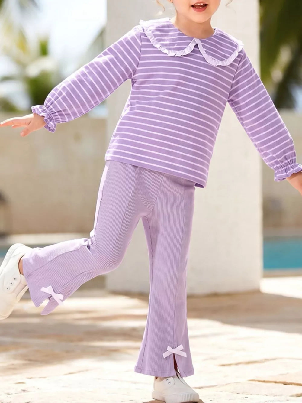 Lavender Children's Striped Ruffle Collar Top And Bow Flare Pants Set