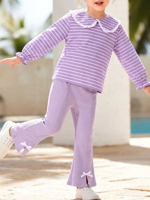 Lavender Children's Striped Ruffle Collar Top And Bow Flare Pants Set