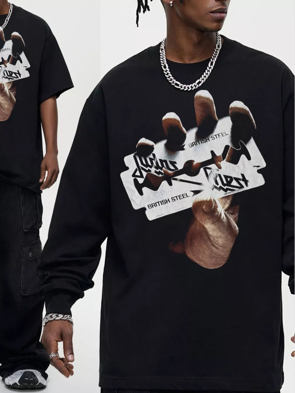 Black long sleeve tee with bold graphic print of a hand holding a razor blade and band logo.