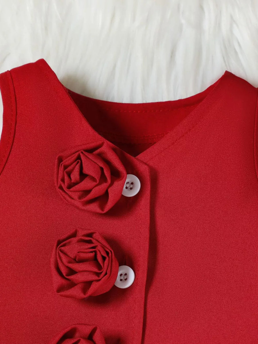 Wine red baby vest with decorative floral appliques and buttons.