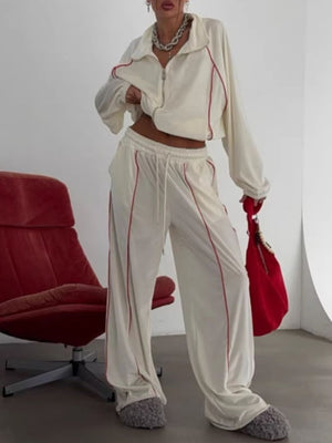 pajama set in teal with contrast stitching and cropped